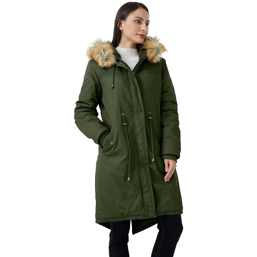 WenVen Winter Puffer Jacket Green Parka Warm Coat with Faux Fur Hood Women's M